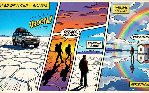 Pop-Art-Comicillustration des Wahrzeichens Salar de Uyuni in Uyuni Bolivien, kraeftige Konturen Rasterpunkte und satte Farben - Foto: THN