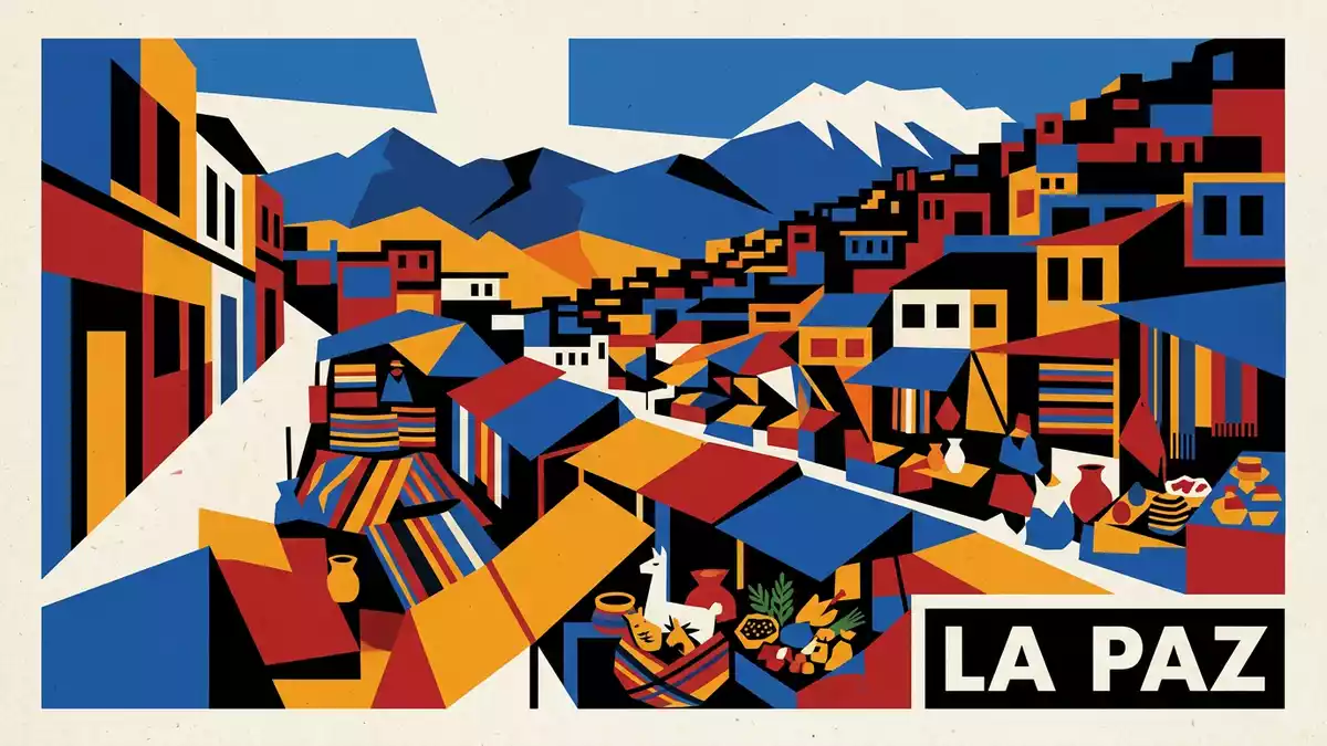 Bauhaus-Poster als Abstraktion von Hexenmarkt La Paz in La Paz, Bolivien