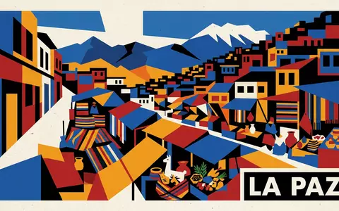 Bauhaus-Poster als geometrische Abstraktion von Hexenmarkt La Paz in La Paz Bolivien, kraeftige Grundfarben und - Foto: THN