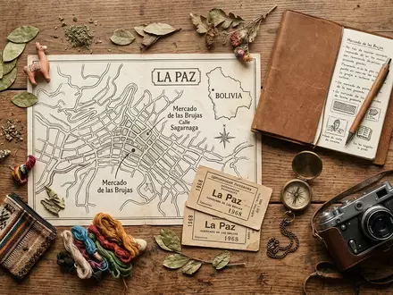 Flatlay-Reise-Arrangement rund um Hexenmarkt La Paz in La Paz Bolivien, Karte Kompass Kamera und generische - Foto: THN