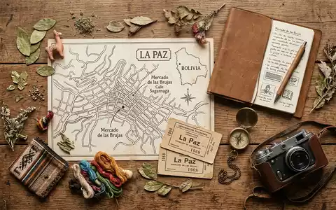 Flatlay-Reise-Arrangement rund um Hexenmarkt La Paz in La Paz Bolivien, Karte Kompass Kamera und generische - Foto: THN