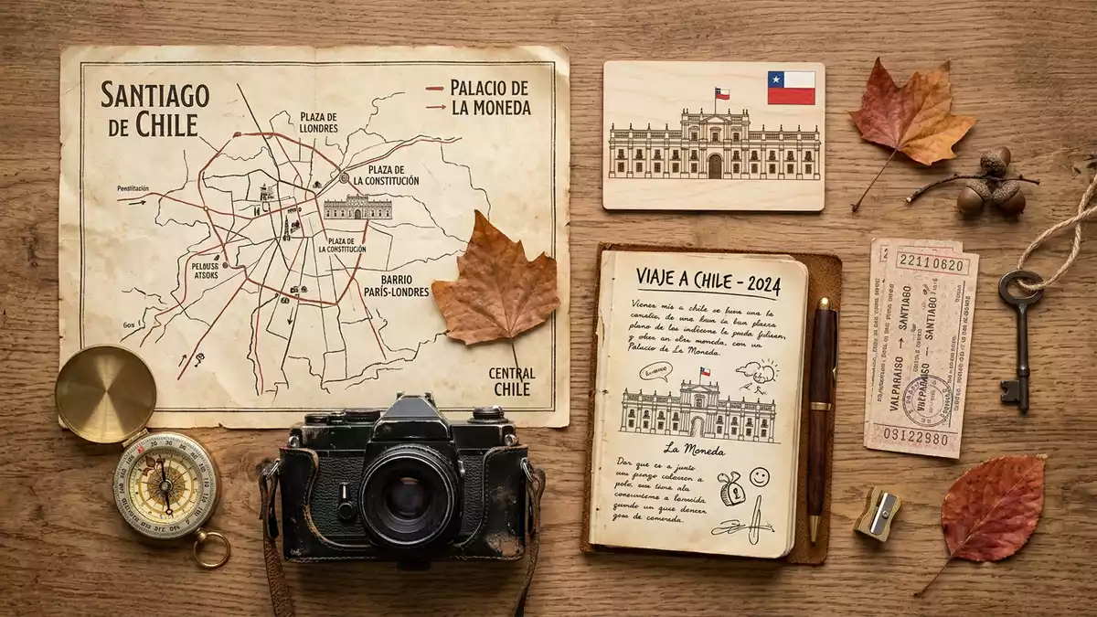 Flatlay-Reise-Arrangement rund um La Moneda Santiago in Santiago de Chile, Chile
