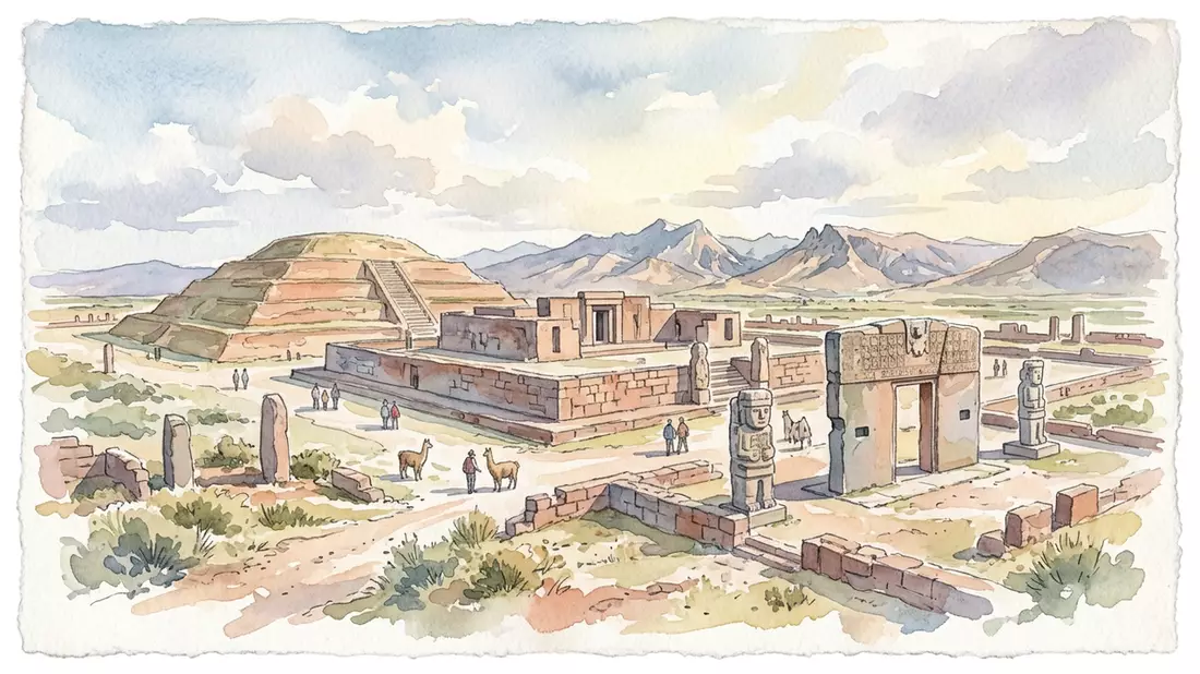 Aquarell-Illustration von Tiwanaku in Tiwanaku, Bolivien als Reiseposter