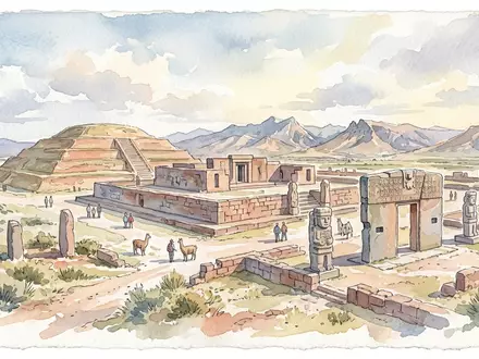 Aquarellillustration des Wahrzeichens Tiwanaku in Tiwanaku Bolivien, weiche Farbverläufe und pastelliges Reiseposter-Feeling - Foto: THN
