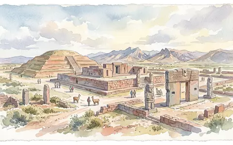 Aquarellillustration des Wahrzeichens Tiwanaku in Tiwanaku Bolivien, weiche Farbverläufe und pastelliges Reiseposter-Feeling - Foto: THN