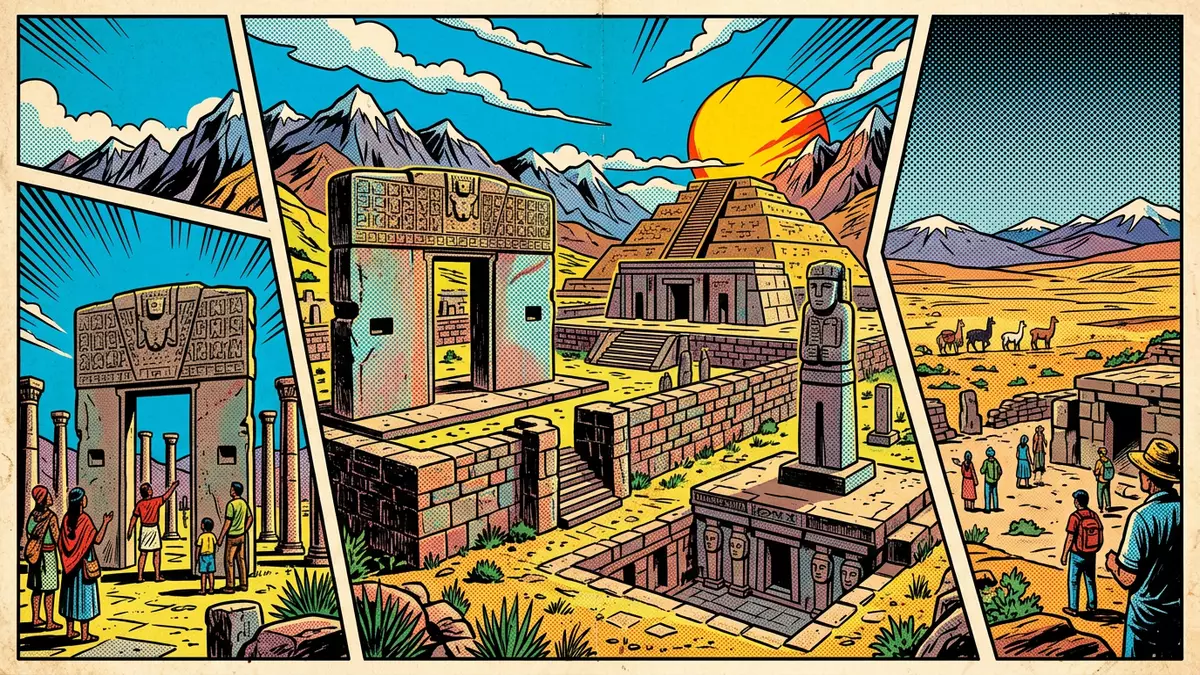 Pop-Art-Comic von Tiwanaku in Tiwanaku, Bolivien mit Rasterpunkten