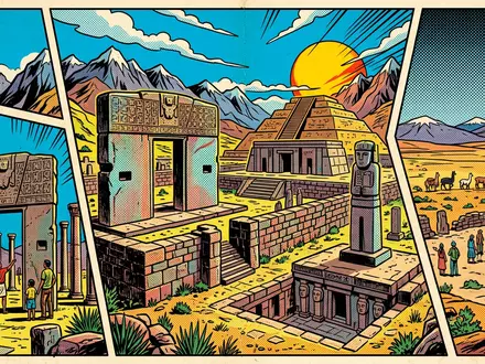 Pop-Art-Comicillustration des Wahrzeichens Tiwanaku in Tiwanaku Bolivien, kraeftige Konturen Rasterpunkte und satte Farben - Foto: THN