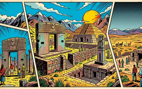 Pop-Art-Comicillustration des Wahrzeichens Tiwanaku in Tiwanaku Bolivien, kraeftige Konturen Rasterpunkte und satte Farben - Foto: THN