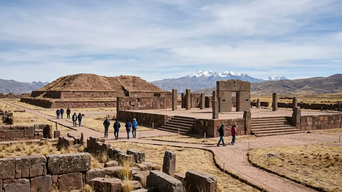 Editorial-Reisemagazinbild vom Wahrzeichen Tiwanaku in Tiwanaku, Bolivien