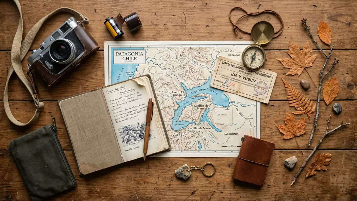 Flatlay-Reise-Arrangement rund um Marmorhohlen Patagonien in Puerto Rio Tranquilo, Chile