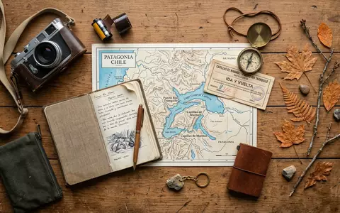 Flatlay-Reise-Arrangement rund um Marmorhohlen Patagonien in Puerto Rio Tranquilo Chile, Karte Kompass Kamera und generische - Foto: THN