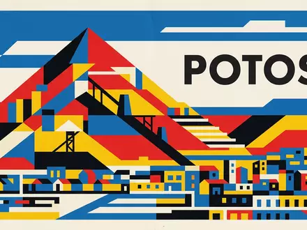 Bauhaus-Poster als geometrische Abstraktion von Silberberg Potosi in Potosi Bolivien, kraeftige Grundfarben und harte Formkanten - Foto: THN