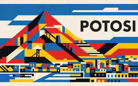 Bauhaus-Poster als geometrische Abstraktion von Silberberg Potosi in Potosi Bolivien, kraeftige Grundfarben und harte Formkanten - Foto: THN