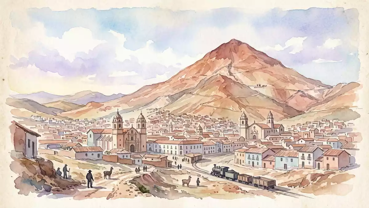 Aquarell-Illustration von Silberberg Potosi in Potosi, Bolivien als Reiseposter