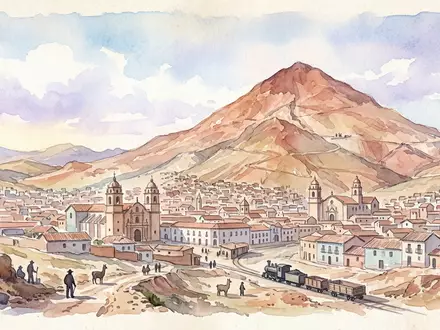 Aquarellillustration des Wahrzeichens Silberberg Potosi in Potosi Bolivien, weiche Farbverläufe und pastelliges Reiseposter-Feeling - Foto: THN