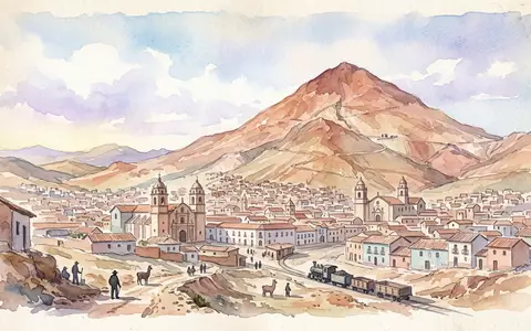 Aquarellillustration des Wahrzeichens Silberberg Potosi in Potosi Bolivien, weiche Farbverläufe und pastelliges Reiseposter-Feeling - Foto: THN