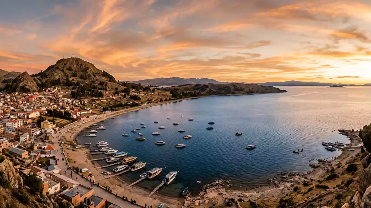 Fotorealistische Ansicht von Titicacasee Bolivien in Copacabana, Bolivien im Abendlicht