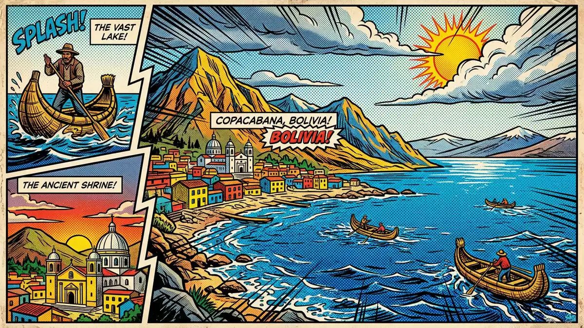 Pop-Art-Comic von Titicacasee Bolivien in Copacabana, Bolivien mit Rasterpunkten