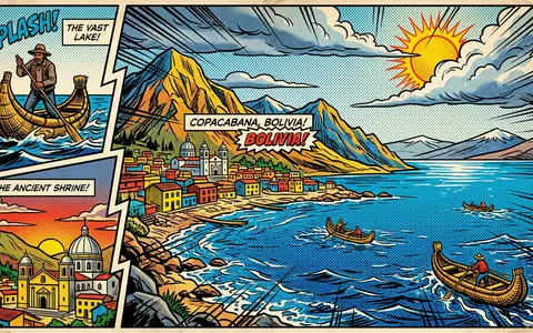 Pop-Art-Comicillustration des Wahrzeichens Titicacasee Bolivien in Copacabana Bolivien, kraeftige Konturen Rasterpunkte und satte Farben - Foto: THN
