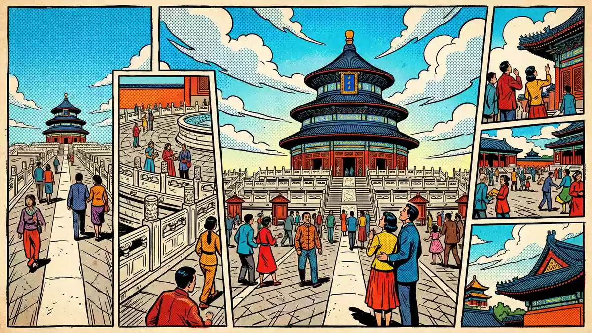 Pop-Art-Comic von Himmelstempel Peking in Peking, China mit Rasterpunkten
