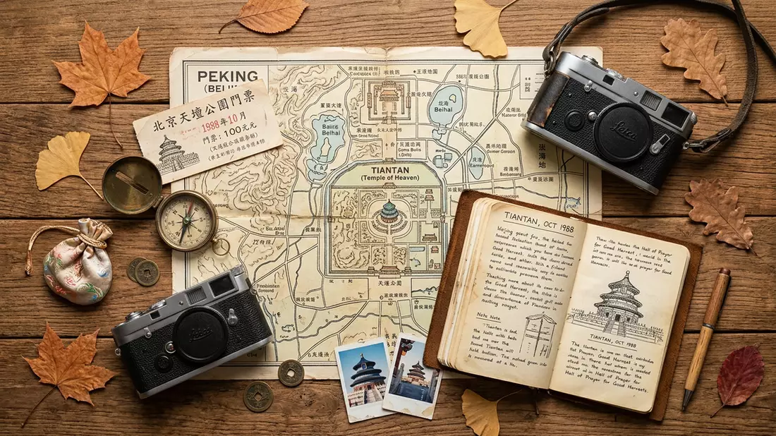 Flatlay-Reise-Arrangement rund um Himmelstempel Peking in Peking, China