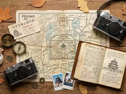 Flatlay-Reise-Arrangement rund um Himmelstempel Peking in Peking China, Karte Kompass Kamera und generische Reiserequisiten - Foto: THN