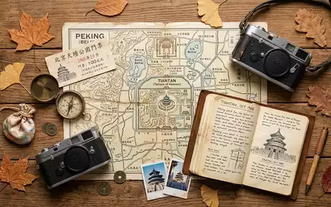 Flatlay-Reise-Arrangement rund um Himmelstempel Peking in Peking China, Karte Kompass Kamera und generische Reiserequisiten - Foto: THN