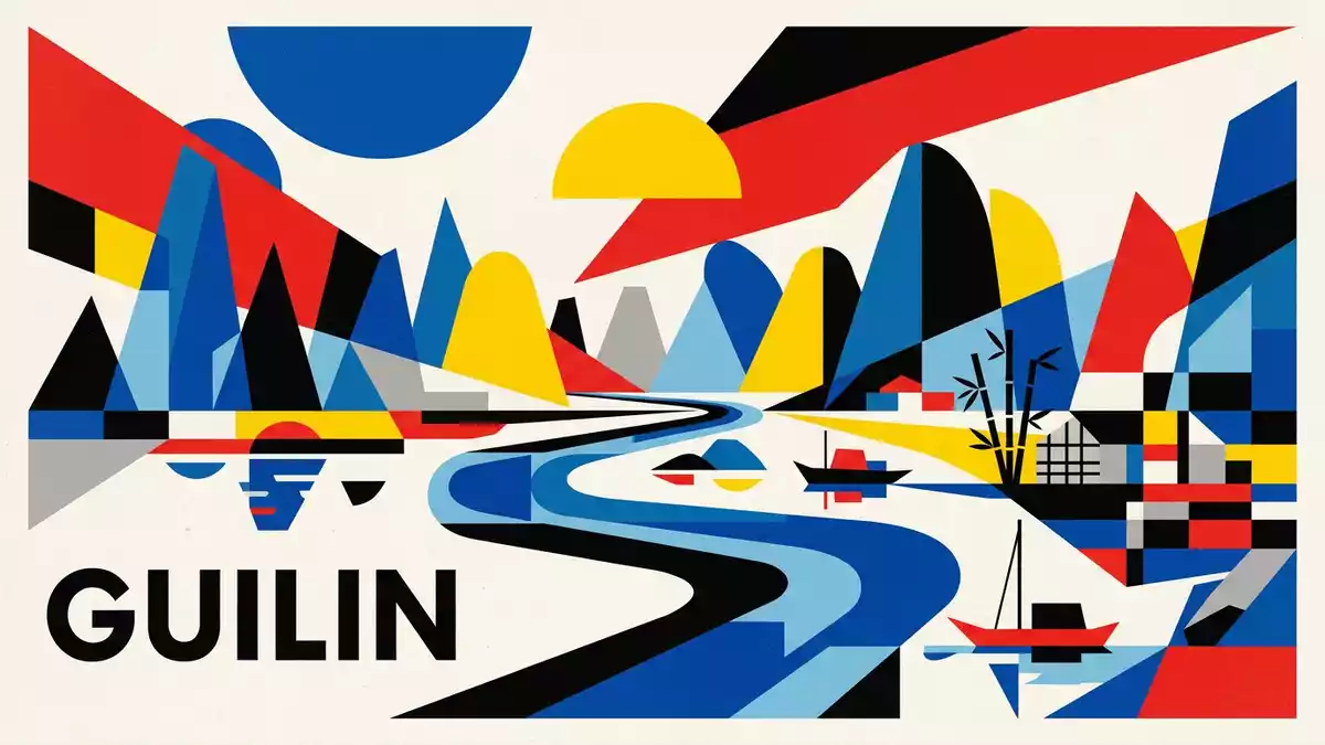 Bauhaus-Poster als Abstraktion von Li-Fluss Guilin in Guilin, China