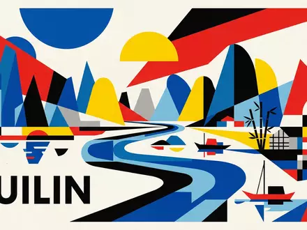 Bauhaus-Poster als geometrische Abstraktion von Li-Fluss Guilin in Guilin China, kraeftige Grundfarben und harte Formkanten - Foto: THN