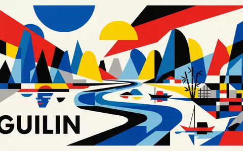 Bauhaus-Poster als geometrische Abstraktion von Li-Fluss Guilin in Guilin China, kraeftige Grundfarben und harte Formkanten - Foto: THN