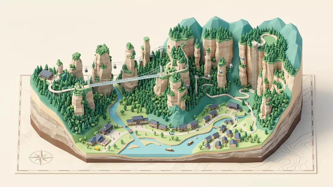 Isometrisches Diorama von Zhangjiajie-Nationalpark in Zhangjiajie, China in Pastell
