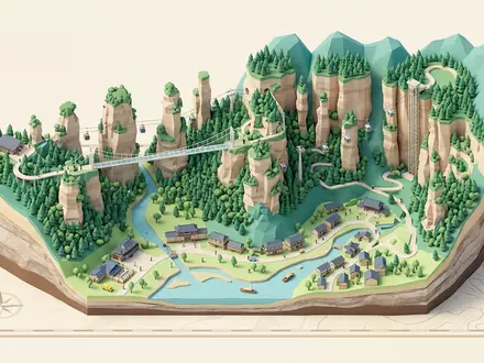 Isometrisches Diorama von Zhangjiajie-Nationalpark und Umgebung in Zhangjiajie China, verspielte Low-Poly-Kulisse in Pastellfarben - Foto: THN