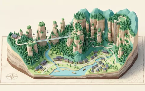 Isometrisches Diorama von Zhangjiajie-Nationalpark und Umgebung in Zhangjiajie China, verspielte Low-Poly-Kulisse in Pastellfarben - Foto: THN