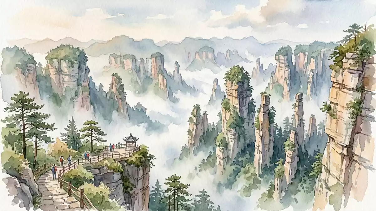 Aquarell-Illustration von Zhangjiajie-Nationalpark in Zhangjiajie, China als Reiseposter