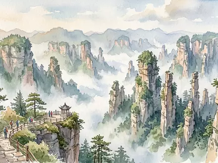 Aquarellillustration des Wahrzeichens Zhangjiajie-Nationalpark in Zhangjiajie China, weiche Farbverläufe und pastelliges Reiseposter-Feeling - Foto: THN