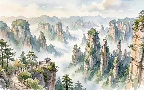 Aquarellillustration des Wahrzeichens Zhangjiajie-Nationalpark in Zhangjiajie China, weiche Farbverläufe und pastelliges Reiseposter-Feeling - Foto: THN