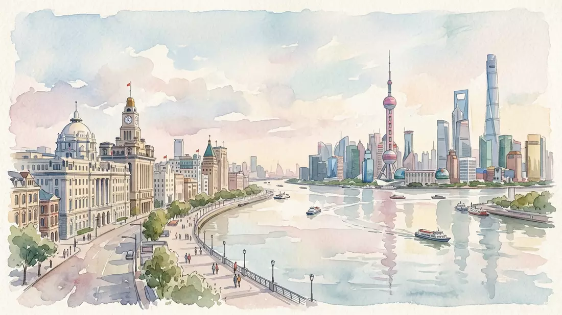 Aquarell-Illustration von Bund Shanghai in Shanghai, China als Reiseposter