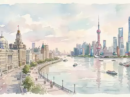Aquarellillustration des Wahrzeichens Bund Shanghai in Shanghai China, weiche Farbverläufe und pastelliges Reiseposter-Feeling - Foto: THN
