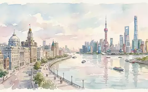 Aquarellillustration des Wahrzeichens Bund Shanghai in Shanghai China, weiche Farbverläufe und pastelliges Reiseposter-Feeling - Foto: THN