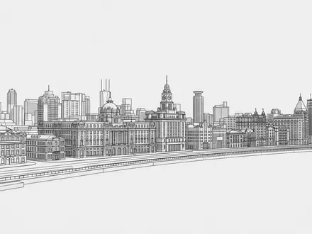Moderner Architektur-Render zeigt Silhouette von Bund Shanghai in Shanghai China, klare Linien und neutrales Tageslicht - Foto: THN