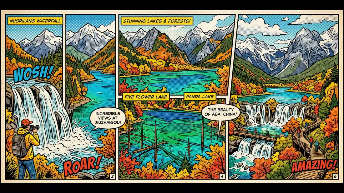 Pop-Art-Comic von Jiuzhaigou-Tal in Aba, China mit Rasterpunkten