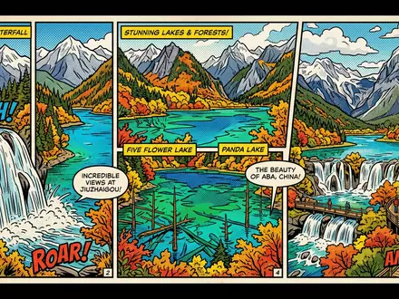 Pop-Art-Comicillustration des Wahrzeichens Jiuzhaigou-Tal in Aba China, kraeftige Konturen Rasterpunkte und satte Farben - Foto: THN