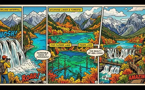 Pop-Art-Comicillustration des Wahrzeichens Jiuzhaigou-Tal in Aba China, kraeftige Konturen Rasterpunkte und satte Farben - Foto: THN