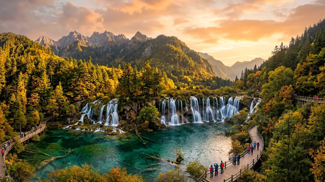 Fotorealistische Ansicht von Jiuzhaigou-Tal in Aba, China im Abendlicht