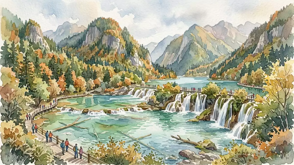 Aquarell-Illustration von Jiuzhaigou-Tal in Aba, China als Reiseposter