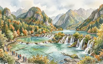 Aquarellillustration des Wahrzeichens Jiuzhaigou-Tal in Aba China, weiche Farbverläufe und pastelliges Reiseposter-Feeling - Foto: THN