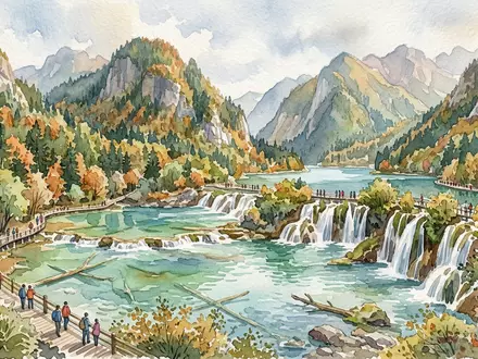 Aquarellillustration des Wahrzeichens Jiuzhaigou-Tal in Aba China, weiche Farbverläufe und pastelliges Reiseposter-Feeling - Foto: THN