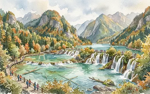 Aquarellillustration des Wahrzeichens Jiuzhaigou-Tal in Aba China, weiche Farbverläufe und pastelliges Reiseposter-Feeling - Foto: THN