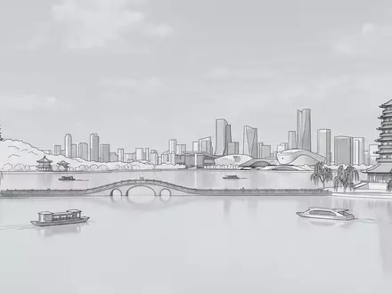 Moderner Architektur-Render zeigt Silhouette von Westsee Hangzhou in Hangzhou China, klare Linien und neutrales Tageslicht - Foto: THN