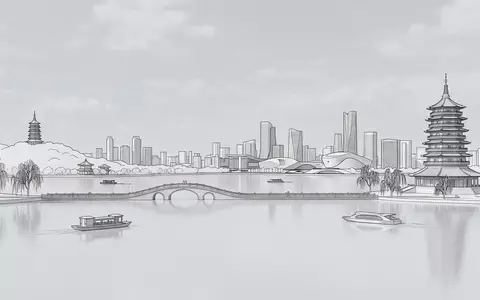 Moderner Architektur-Render zeigt Silhouette von Westsee Hangzhou in Hangzhou China, klare Linien und neutrales Tageslicht - Foto: THN